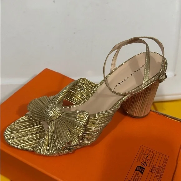 Loeffler Randall Camellia Gold Pleated Bow Heel Sandal MSRP $400 EUC Size 9.5 - Picture 2 of 9